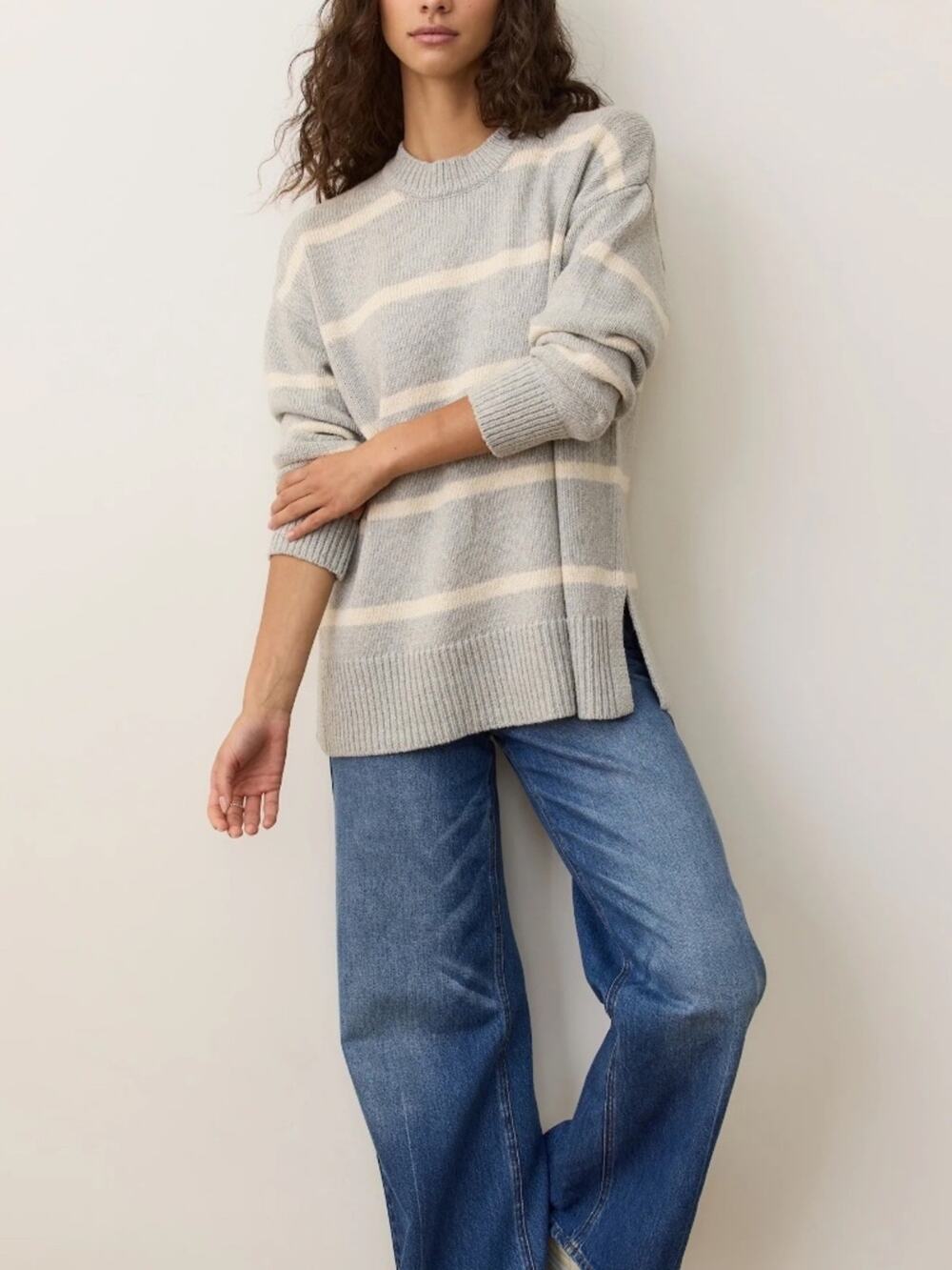Marine Layer Oversized Berkeley Crewneck Sweater Grey Fog Stripe XS